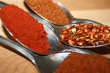 spices on spoons 
paprika,chillies,,seafood rub
on wood background