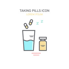 Color icon of glass of water and pills. Medical vector illustration in a linear style