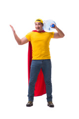 Man delivering water bottle isolated on white