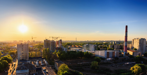 Aerial view of Voronezh City at sunset from rooftop in evening