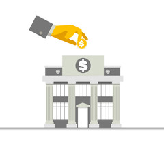 Investing money concept. Hand putting money coin at a bank. Flat illustration