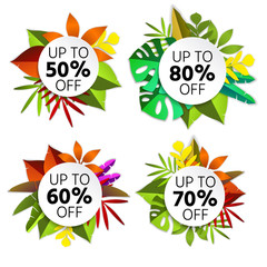 Summer hot sale poster with beautiful, bright tropical leaves. A large summer sale poster, advertising, booklet. Vector illustration with isolated design elements