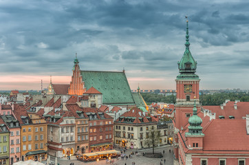 Naklejka na ściany i meble Warsaw, Poland, panorama of old city with royal castle and st John cathedral