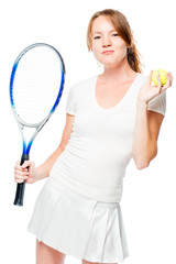 Vertical portrait of a girl with a ball and a tennis racket on a white background