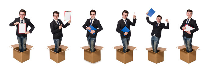 Obraz premium Funny man with boxes isolated on white