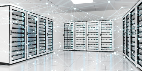 Abstract network on server room data center 3D rendering