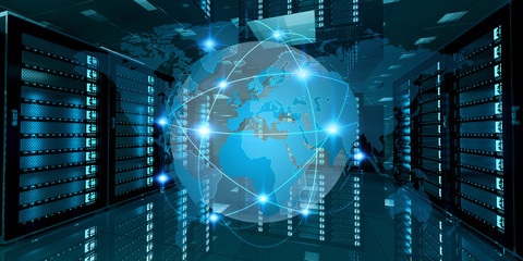 Earth network flying over server room data center 3D rendering