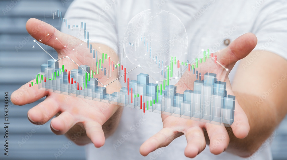 Poster Businessman using digital 3D rendered stock exchange stats and charts
