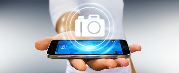 Businessman using modern camera application 3D rendering