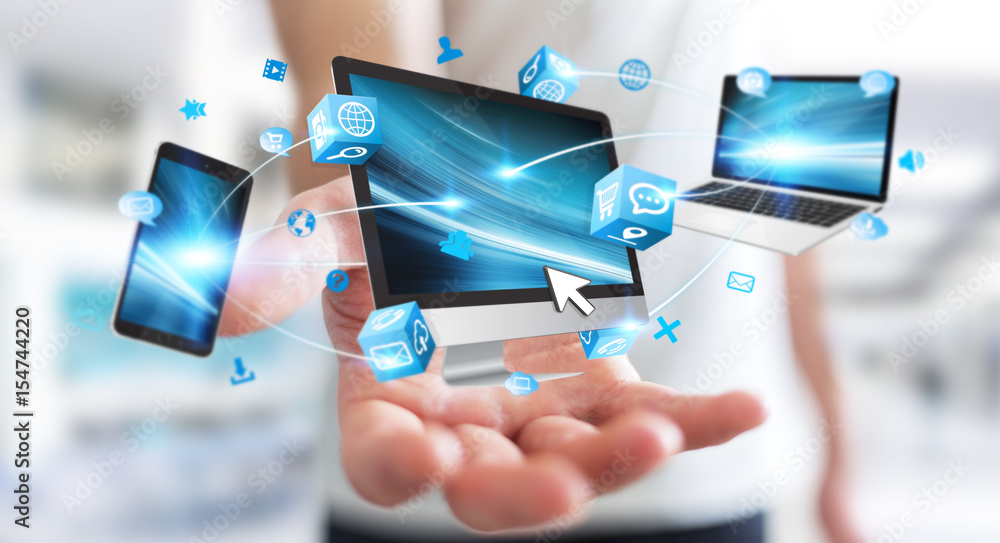 Poster Businessman connecting tech devices and icons applications 3D rendering