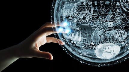 Businesswoman touching hologram sphere 3D rendering