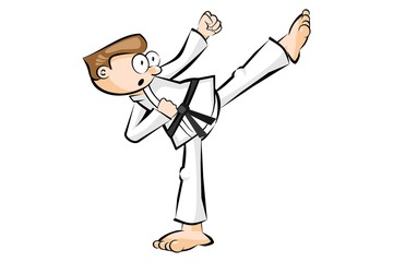 Karate man in a kimono hits foot isolated on white