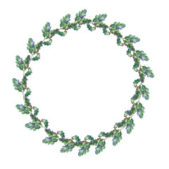 Wreath from an oak tree branch with leaves and an acorn.