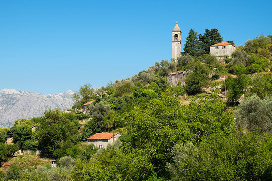 View of village Gornji Stoliv, mountain Vrmac, Kotor Bay, Montenegro