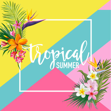 Tropical Flowers and Palms Summer Banner, Graphic Background, Exotic Floral Invitation, Flyer or Card. Modern Front Page in Vector