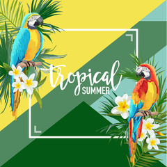 Naklejka premium Tropical Flowers and Parrot Summer Banner, Graphic Background, Exotic Floral Invitation, Flyer or Card. Modern Front Page in Vector