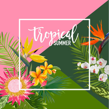 Tropical Flowers Summer Banner, Graphic Background, Exotic Floral Invitation, Flyer or Card. Modern Front Page in Vector