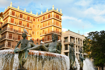 Turia Fountain in the Plaza de la Virgen in Valencia ,Spain.