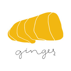 Cartoon ginger with handwritten text. Spice vector element for kitchen 