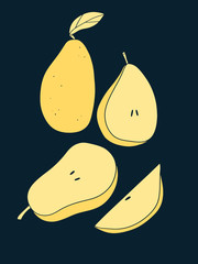 Vector set of cartoon pears on the dark background. Kitchen fruit illustration