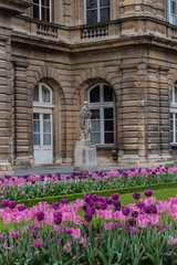 Ancient statues and flowers in Luxembourg Garden. Paris. France.