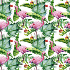 Fototapeta premium Seamless watercolor illustration of tropical leaves, dense jungle and pink flamingo birds. Pattern with tropic summertime motif may be used as background texture, wrapping paper, textile,wallpaper.