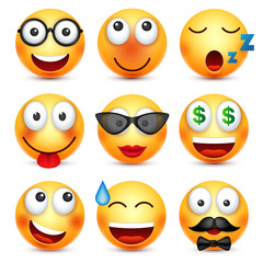 Smiley set with 3d glasses,smiling emoticon. Yellow face with emotions. Facial expression. 3d realistic emoji. Funny cartoon character.Mood. Web icon. Vector illustration.