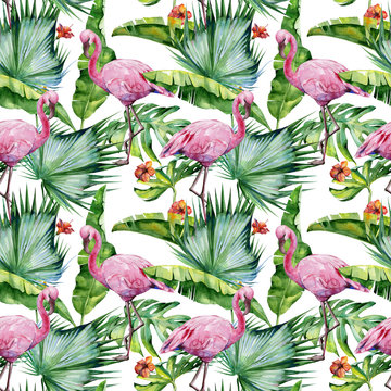 Seamless watercolor illustration of tropical leaves, dense jungle and pink flamingo birds. Pattern with tropic summertime motif may be used as background texture, wrapping paper, textile,wallpaper.