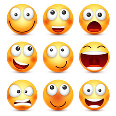 Obraz premium Smiley set,smiling emoticon. Yellow face with emotions. Facial expression. 3d realistic emoji. Funny cartoon character.Mood. Web icon. Vector illustration.