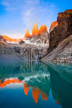 Laguna torres with the towers at sunset, Torres del Paine National Park, Patagonia, Chile