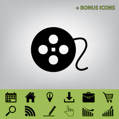 Film circular sign. Vector. Black icon at gray background with bonus icons at celery ones