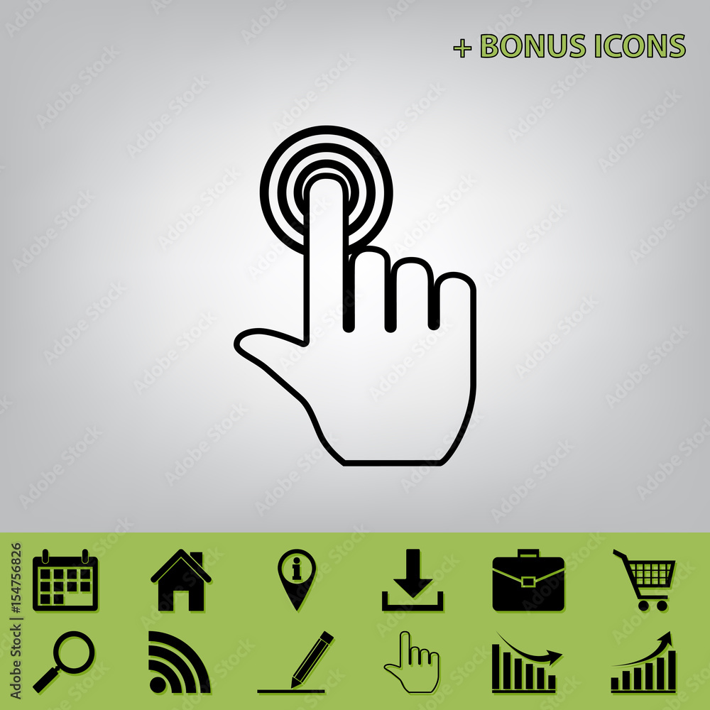 Aufkleber hand click on button. vector. black icon at gray background with bonus icons at celery ones