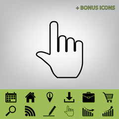 Hand sign illustration. Vector. Black icon at gray background with bonus icons at celery ones