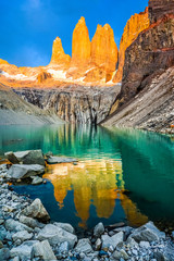 Laguna torres with the towers at sunset, Torres del Paine National Park, Patagonia, Chile