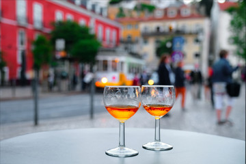 Port wine glasses in the cafe of Lisbon, Portugal