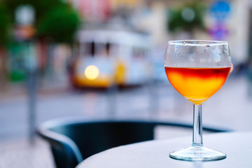 Port wine glasses in the cafe of Lisbon, Portugal