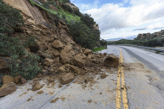Landslide rocks blocking Santa Susana Pass Road in Los Angeles, California.  