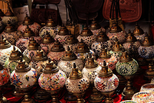 Vintage colorful Turkish lamps on street.