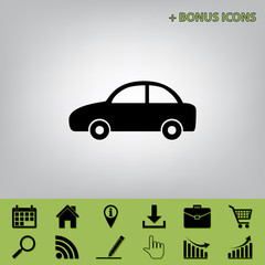 Car sign illustration. Vector. Black icon at gray background with bonus icons at celery ones