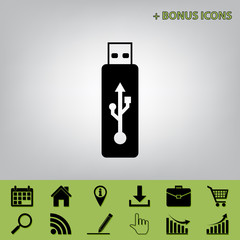 Obraz premium Vector USB flash drive sign. Vector. Black icon at gray background with bonus icons at celery ones