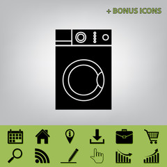 Washing machine sign. Vector. Black icon at gray background with bonus icons at celery ones