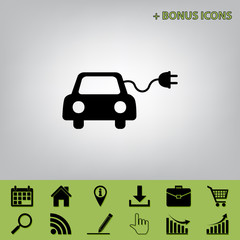 Eco electric car sign. Vector. Black icon at gray background with bonus icons at celery ones