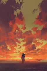 Tuinposter lonely man looking at fiery sunset sky with digital art style, illustration painting © grandfailure