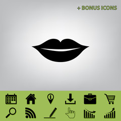 Lips sign illustration. Vector. Black icon at gray background with bonus icons at celery ones