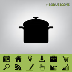 Cooking pan sign. Vector. Black icon at gray background with bonus icons at celery ones