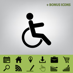 Disabled sign illustration. Vector. Black icon at gray background with bonus icons at celery ones