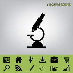 Chemistry microscope sign for laboratory. Vector. Black icon at gray background with bonus icons at celery ones