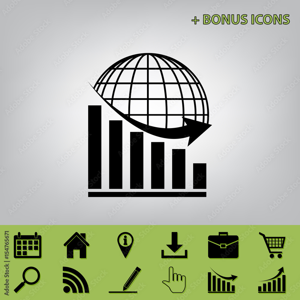 Poster declining graph with earth. vector. black icon at gray background with bonus icons at celery ones