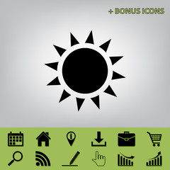 Sun sign illustration. Vector. Black icon at gray background with bonus icons at celery ones