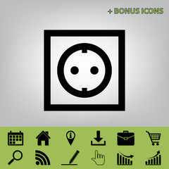Electrical socket sign. Vector. Black icon at gray background with bonus icons at celery ones